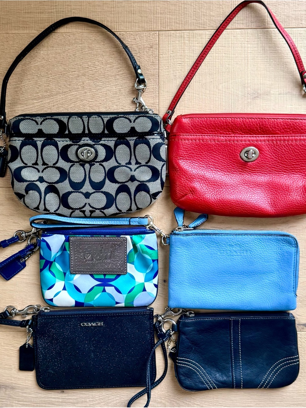 Coach Assorted Wristlet Pouch Collection - Blue, Red, Black, Tan